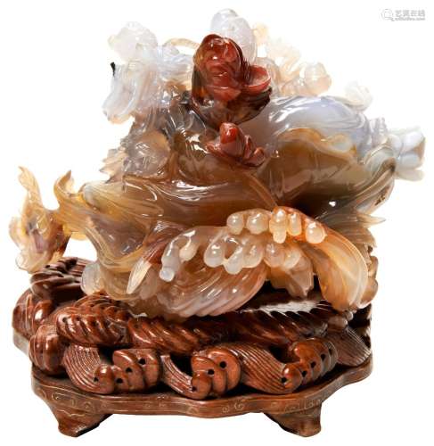 CARVED AGATE GROUP REPUBLIC PERIOD depicting Shoulao and a b...