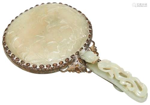 CARVED WHITE AND CELADON-JADE MOUNTED HAND MIRROR QING DYNAS...