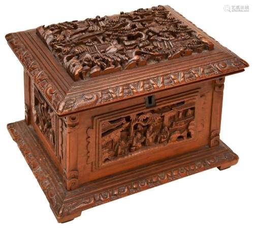 CHINESE CARVED BOXWOOD JEWELLERY CASKET QING DYNASTY, 19TH C...
