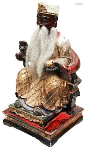 LARGE CARVED CHINESE POLYCHROME FIGURE OF CONFUCIUS QING DYN...