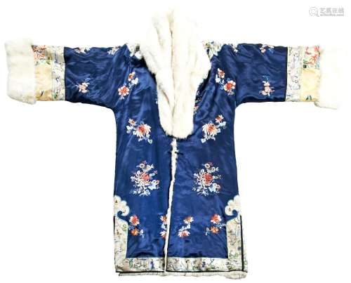 CHINESE FUR-LINED EMBROIDERED BLUE-SILK WINTER COAT EARLY 20...