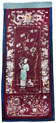 EMBROIDERED SILK HANGING LATE QING DYNASTY finely worked in ...