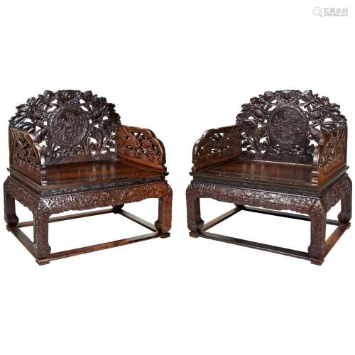 IMPRESSIVE PAIR OF CARVED ZITAN THRONE CHAIRS 19TH/20TH CENT...