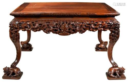 IMPRESSIVE CARVED HUANGHUALI TABLE QING DYNASTY, 19TH CENTUR...