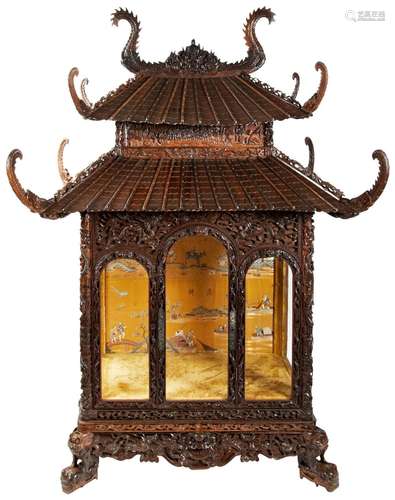 IMPRESSIVE CARVED HARDWOOD PAGODA FORM CABINET QING DYNASTY,...