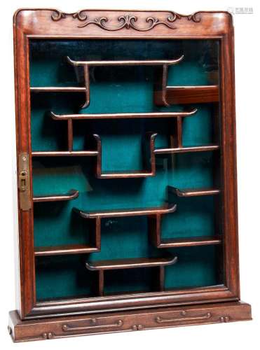 CHINESE CARVED HARDWOOD WALL CABINET 20TH CENTURY the glazed...