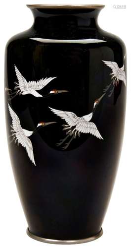 FINE JAPANESE MIDNIGHT BLUE FLYING CRANES CLOISONNE VASE, BY...