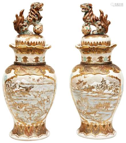 FINE PAIR OF WINTER SCENE SATSUMA VASES BY YOZAN MEIJI PERIO...