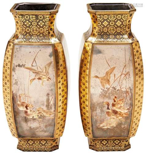 EXCEPTIONAL PAIR OF DAMASCENE BRONZE AND SILVER VASES BY KAS...