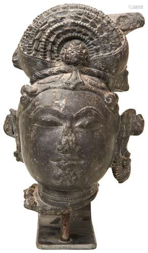 A FINE BLACK STONE HEAD OF A BODHISATTVA CIRCA 11TH-13TH CEN...