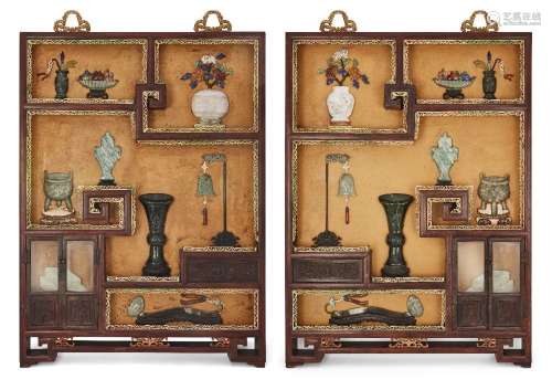 A pair of large Chinese lacquered jade and hardstone inlaid ...