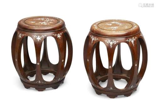 A pair of Chinese mother of pearl inlaid wood barrel stools,...