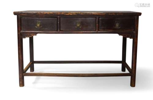 A Chinese provincial lacquered elm three-drawers side table,...