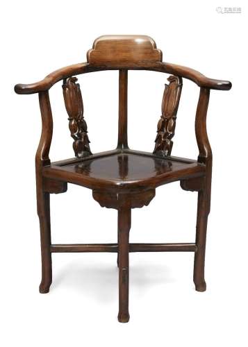 A Chinese hardwood corner chair, early 20th century, with pi...