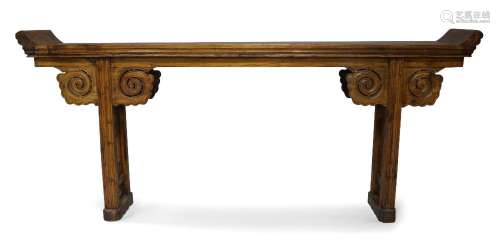 A Chinese elm wood altar table, early 20th century, the flat...
