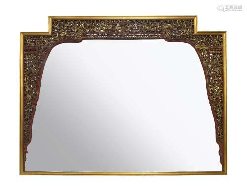 A Chinese gilt lacquer wood panel mounted as wall mirror, ea...