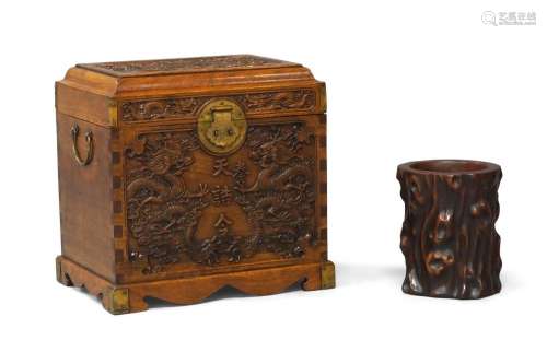 A Chinese huali brushpot and travel chest, guanpixiang, late...