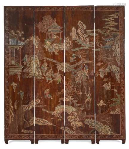 A Chinese coromandel lacquer four-panel 'festival' floor scr...