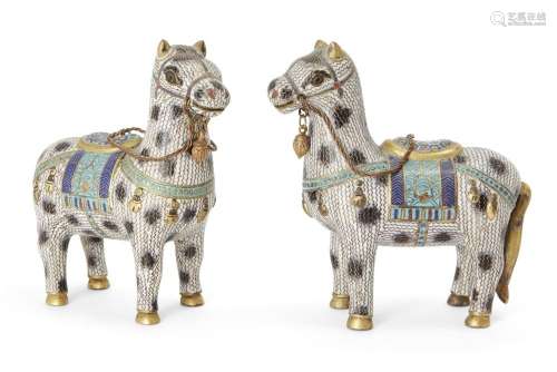 A pair of Chinese champlevé and cloisonné-enamel horses, 18t...