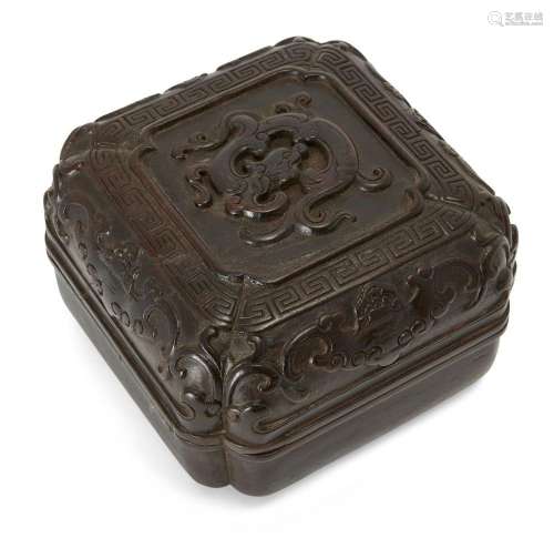A Chinese zitan square box and cover, 18th century, carved t...