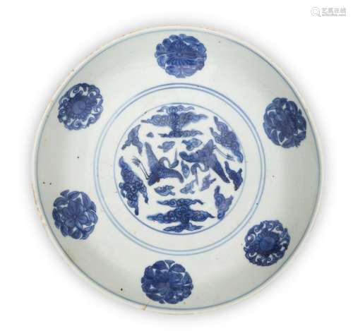 A large Chinese blue and white 'cranes' dish, Jiajing mark a...