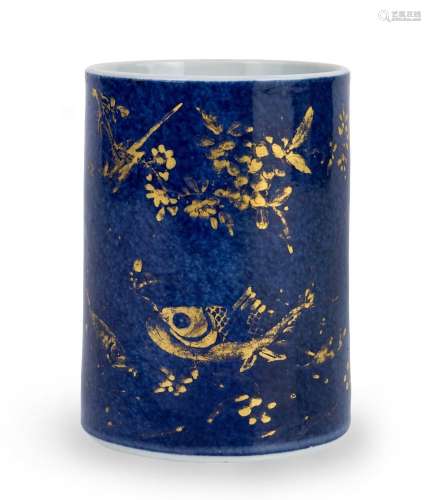 A Chinese powder-blue and gilt brushpot, Kangxi period, of c...