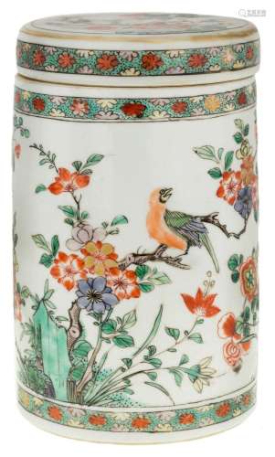 A Chinese famille verte cylindrical jar and cover, Kangxi pe...