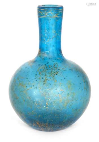 A Chinese gilt decorated turquoise Peking glass bottle vase,...