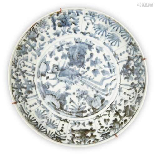 A large Chinese Swatow blue and white 'phoenix' charger, Min...