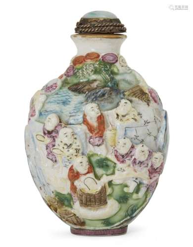 A Chinese famille rose moulded snuff bottle, Qianlong four-c...