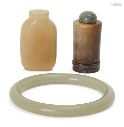 Two Chinese jade snuff bottles and a bangle, Late Qing Dynas...