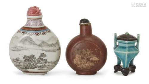 A Chinese Yixing stoneware snuff bottle, a Chinese famille r...