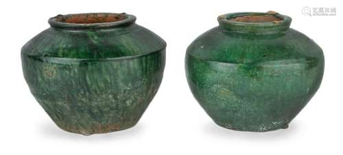 Two Chinese green-glazed pottery jars, Han dynasty, each wit...