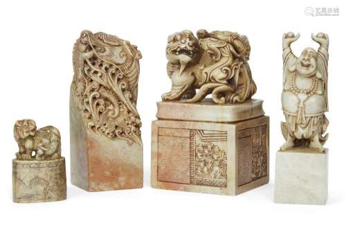 A group of four large Chinese soapstone seals, 19th/20th cen...