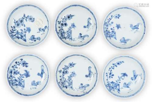 A set of six Chinese blue and white 'cockerel' saucers, 18th...