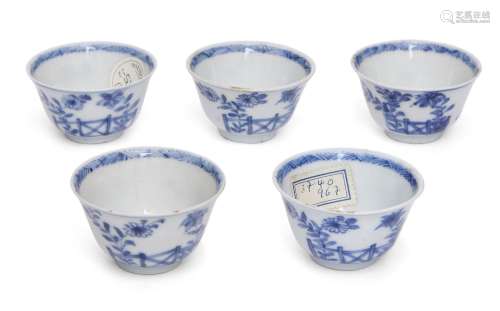 Five Chinese blue and white 'chicken' cups, 18th century, ea...