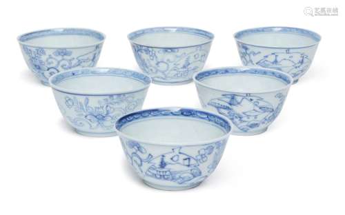 Six Chinese blue and white tea cups, 18th century, each with...