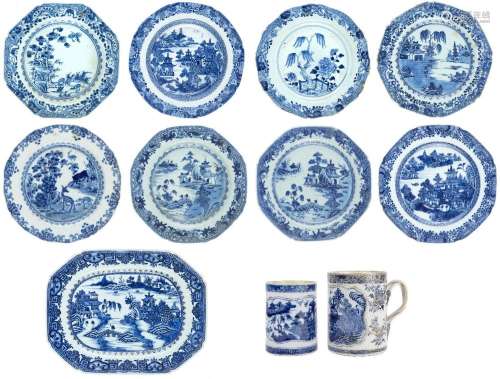 Eleven pieces of Chinese blue and white wares, 18th century,...