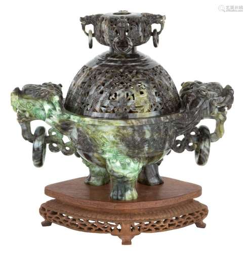 A large Chinese hardstone archaistic tripod incense burner a...