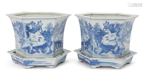 A pair of Chinese blue and white hexagonal jardinieres with ...