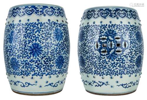 A pair of Chinese blue and white garden stools, late 19th ce...