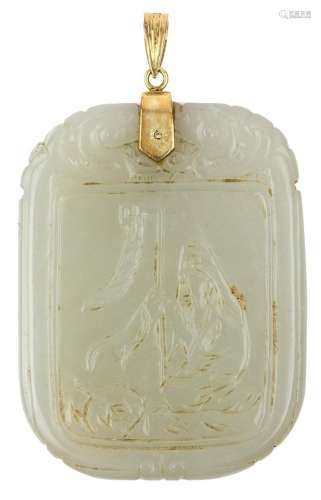 A Chinese pale celadon jade plaque, 19th/20th century, carve...
