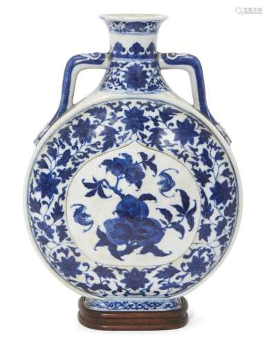 A Chinese blue and white 'bat and peaches' moon flask, late ...