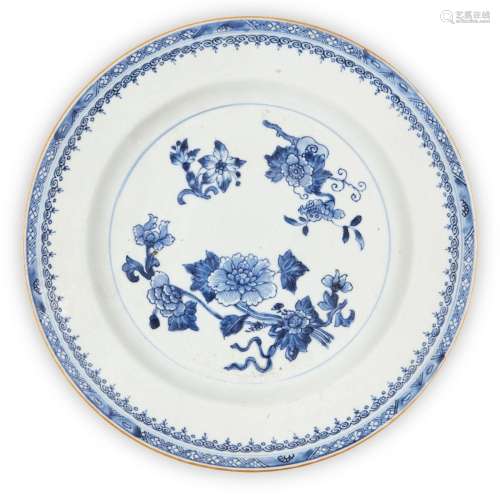 A Chinese export blue and white plate, 18th century, painted...