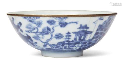 A Chinese blue and white bowl, 19th century, painted with bo...