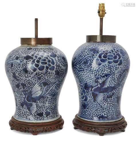 A pair of large Chinese blue and white 'peony and phoenix' j...