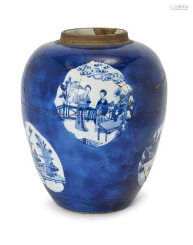 A large Chinese powder blue jar, Kangxi period, painted in u...