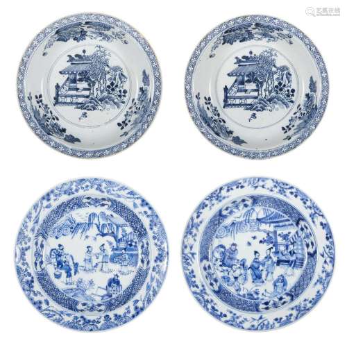 A pair of Chinese blue and white bowls, 18th century, painte...