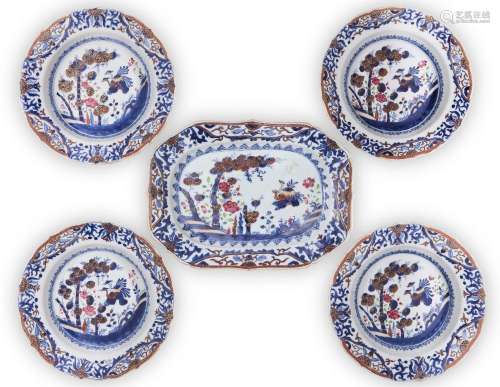 Five Chinese export enamelled blue and white plates, 18th ce...