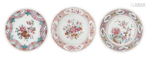 Three Chinese export famille rose plates, 18th century, each...